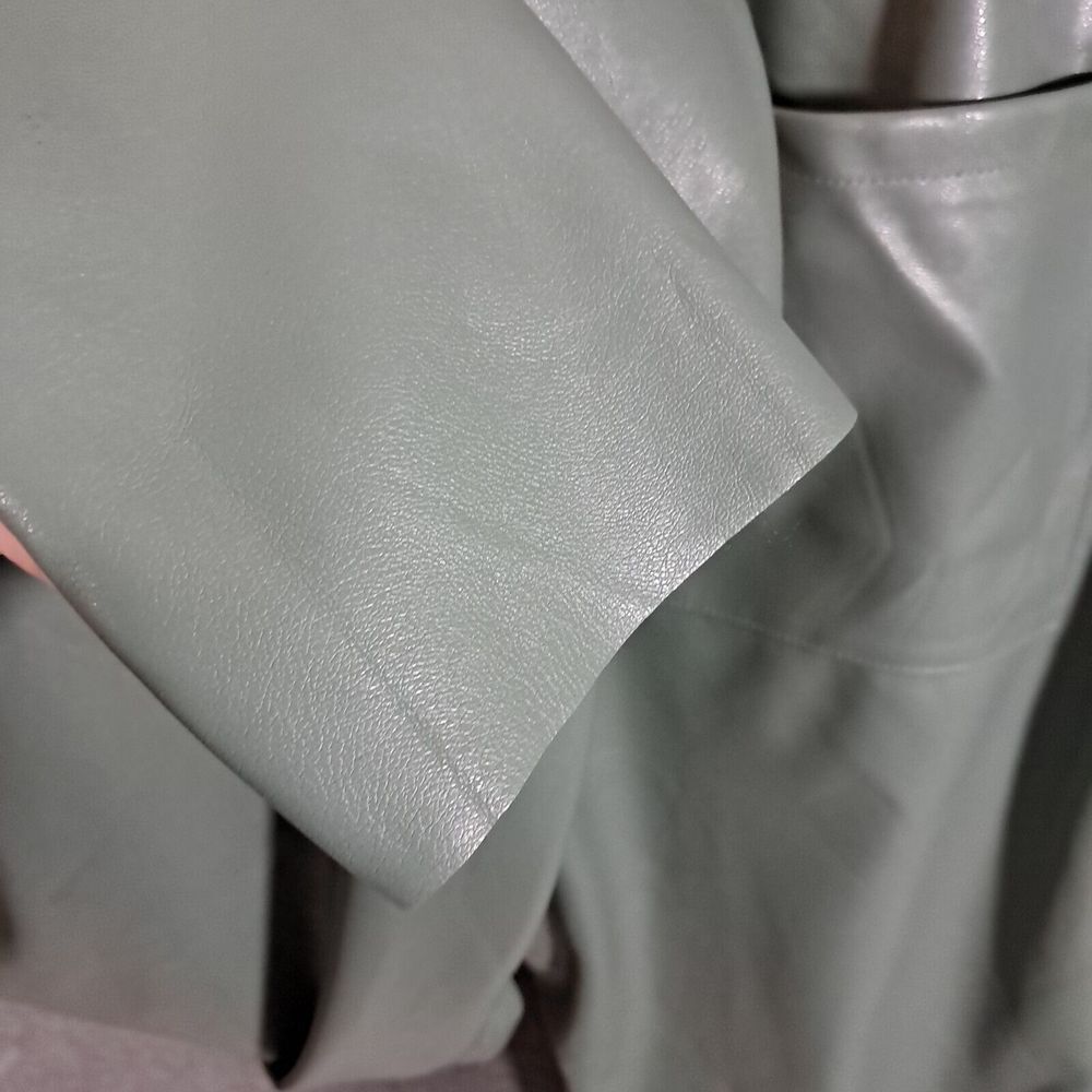 Zara Pants Women Medium Green Wide Leg Faux Leather Raw Hem Elastic Waist Office - Picture 7 of 12